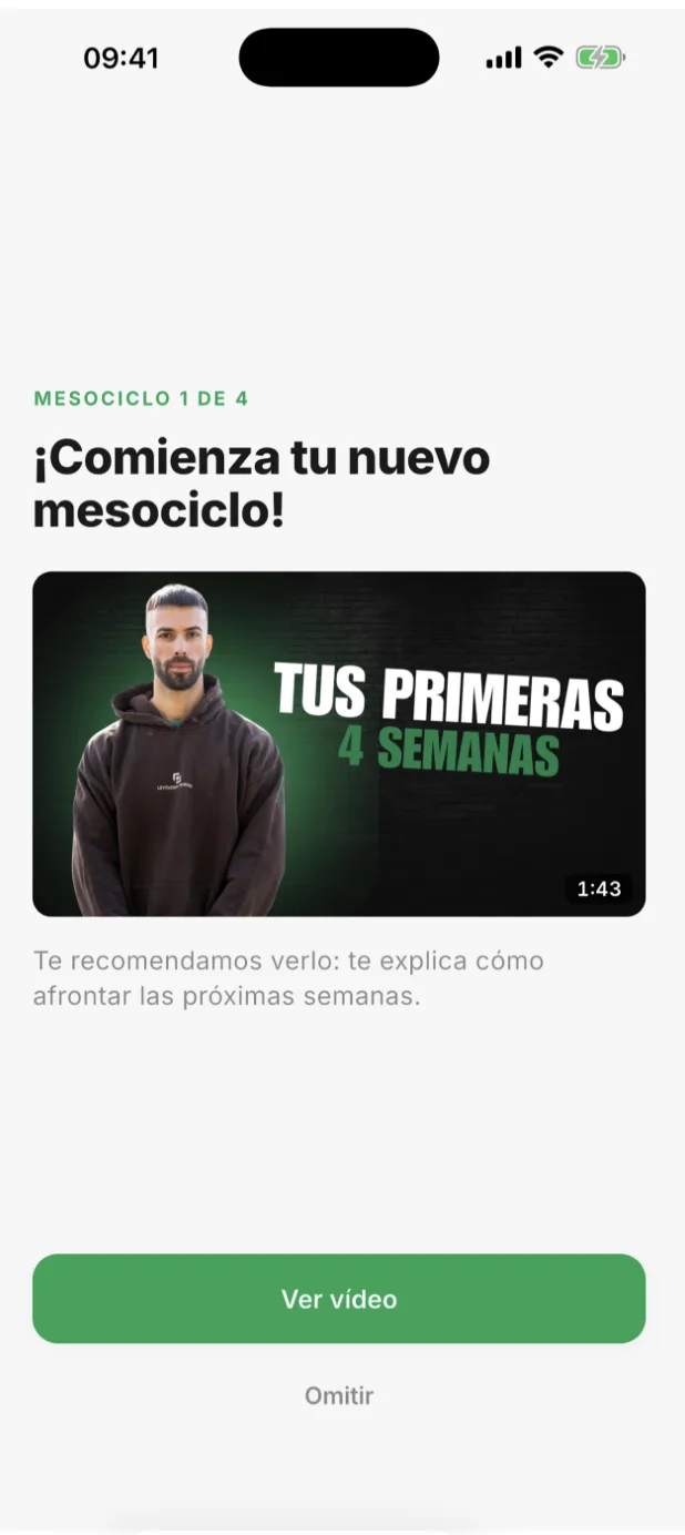 Pantalla de inicio de mesociclo con el vídeo que explica cómo afrontar las próximas cuatro semanas